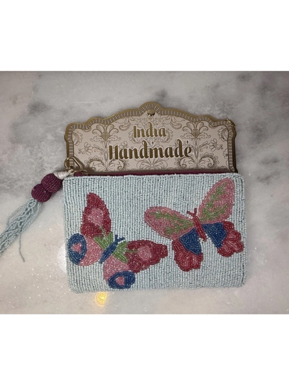 NEW Beautiful Butterflies Beaded Pouch Coin Wallet Handmade In India NWT